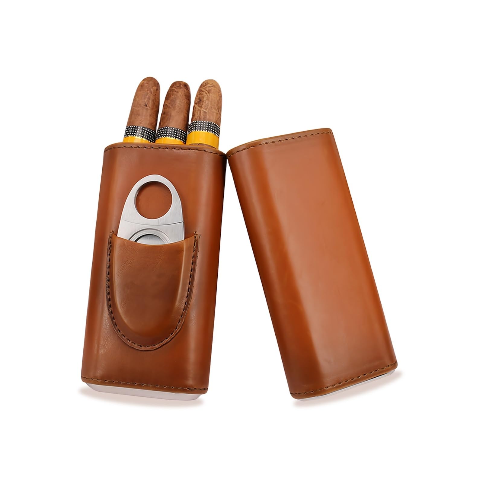 Etui na cygara, skórzane etui na 3 cygara, przenośny humidor z krajalnicą do cygar, pudełko na cygara wyłożone drewnem cedrowym, etui na cygara, nadaje się do podróży, na krótkie wycieczki