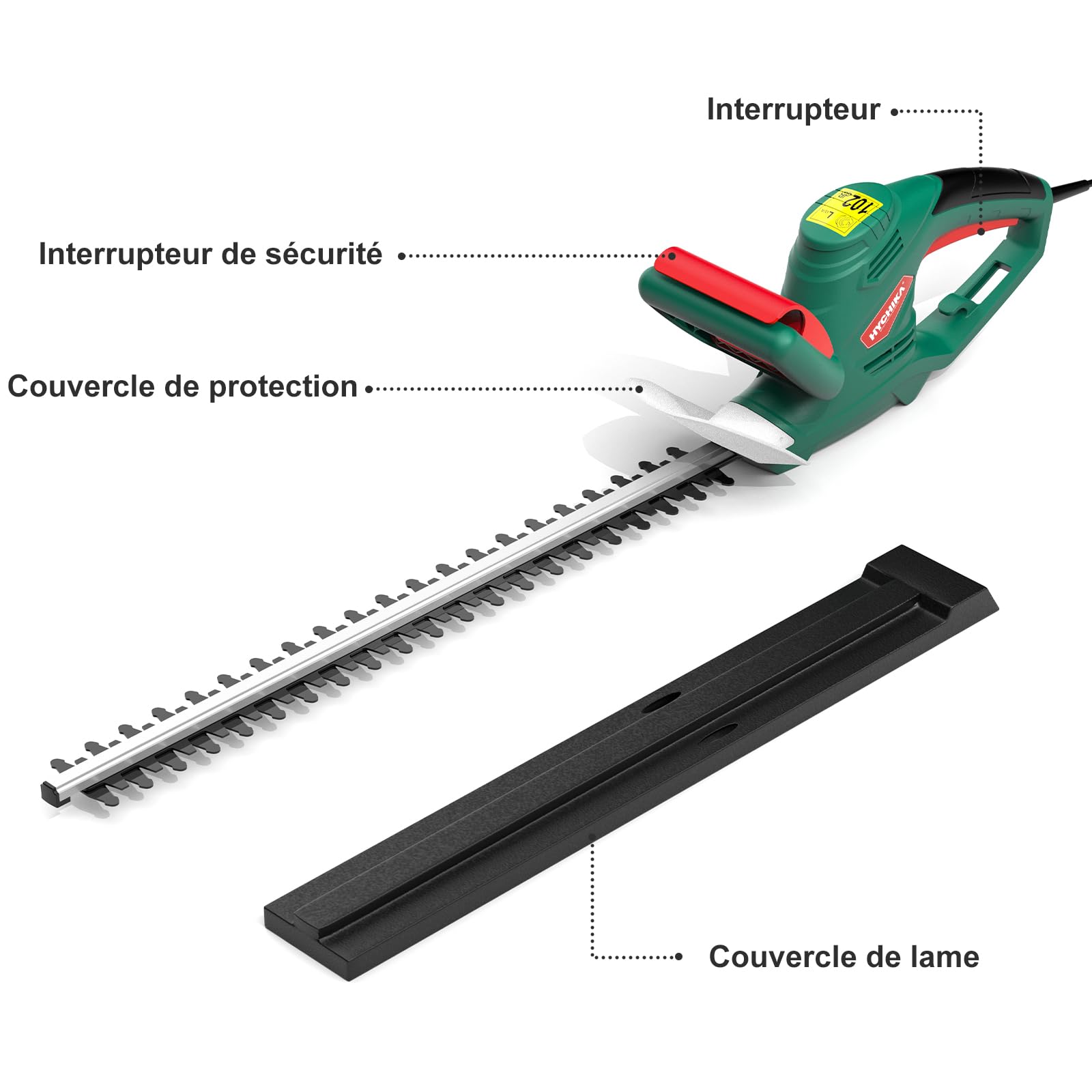 HYCHIKA Taille-Haies Électriques 550W, Taille Haie Electrique Filaire, Coupe Haie, Lame 45 cm, Écartement 18 mm, Double Interrupteur et Double Poignée, pour Tailler Les Haies et Arbustes