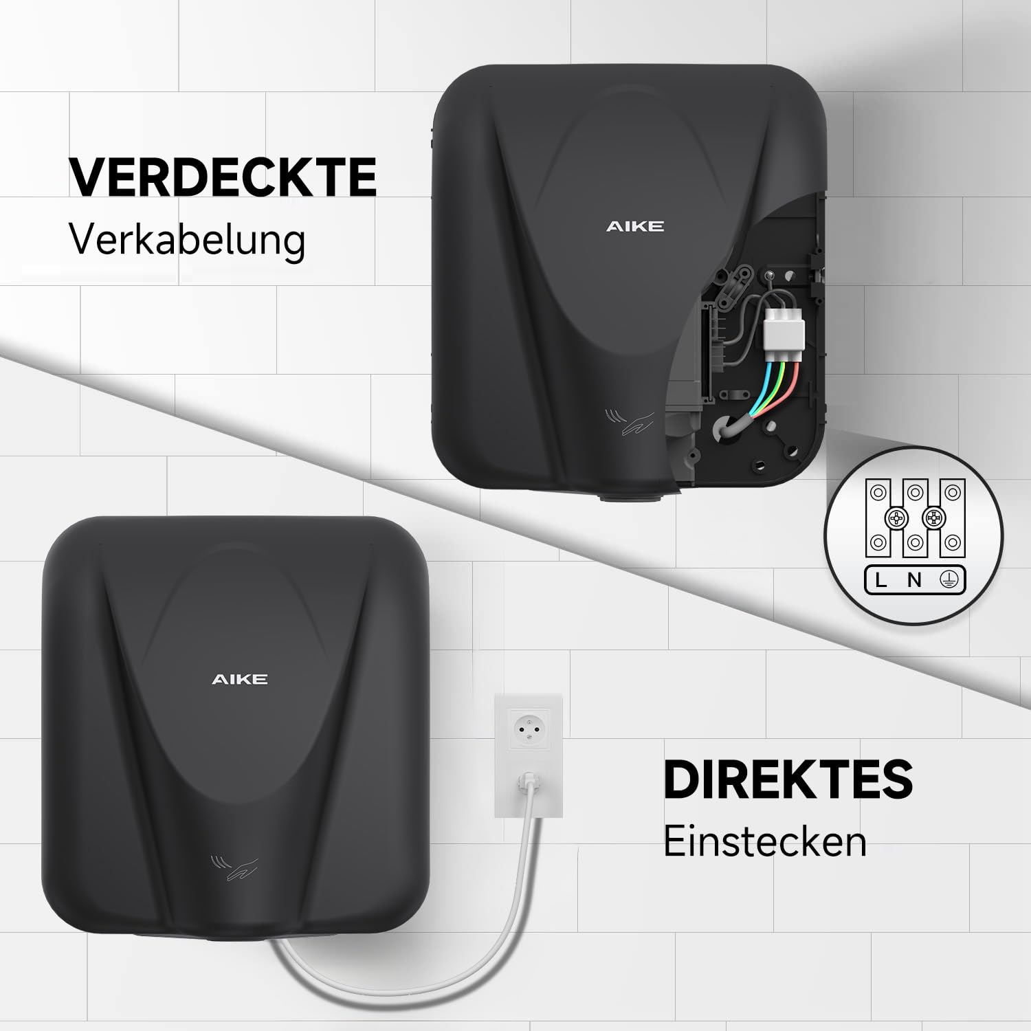AIKE Elephant Kommerzieller Händetrockner, Hochgeschwindigkeits, Langlebiger Edelstahl für Hochfrequenzierte Toiletten, 220V AK2812 (Schwarz Edelstahl)