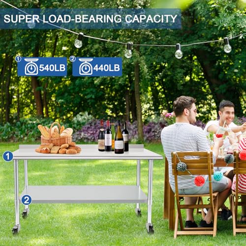 Image of HARDURA Stainless Steel Table 24 x 60 Inches with Wheels Casters NSF Heavy Duty Commercial Prep Table with 2 inch Backsplash and Adjustable Undershelf for Restaurant Kitchen Home and Hotel
