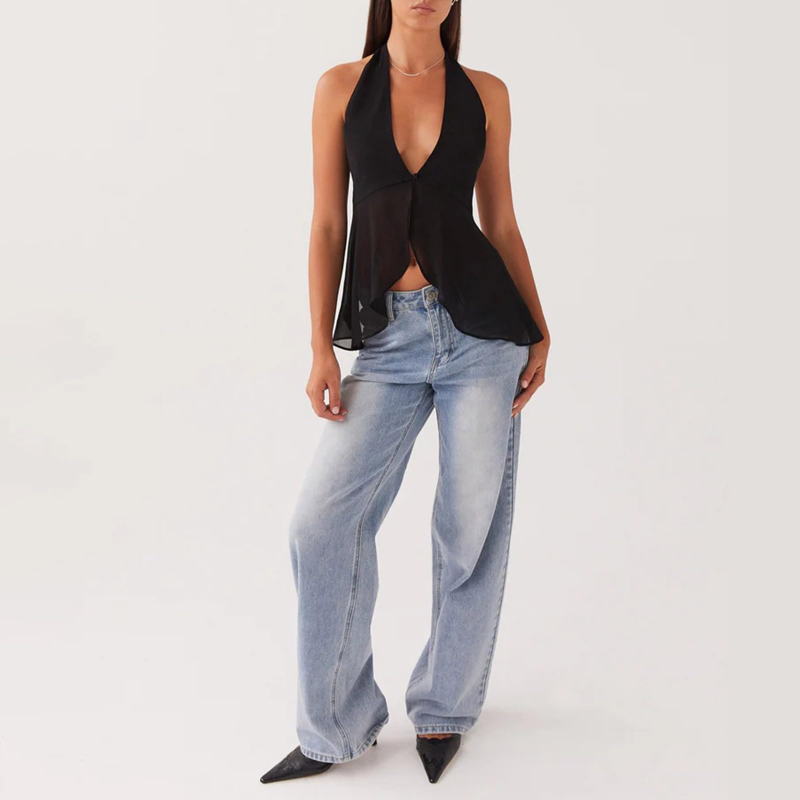 Sexy Outfit Top con Cuello Halter para Mujer, Blusa sin Mangas de Gasa Transparente con Cuello en V Profundo y Espalda Abierta, Top Elegante para Fiesta de Verano