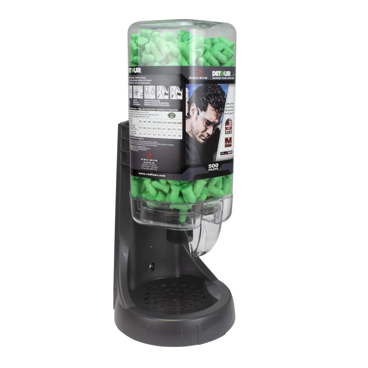 Dispensador recargable con 32 tapones para los oídos Detour - 500 pares