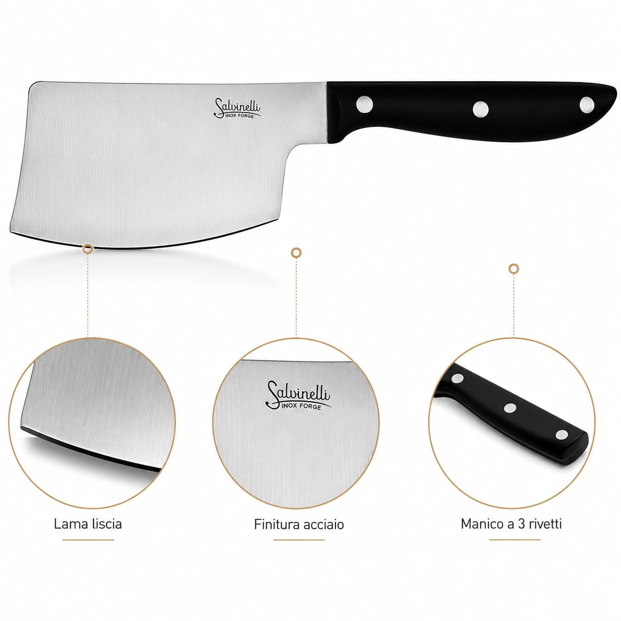 Salvinelli BISTROT Coltello Manaretta Liscio, Acciaio Inox Forgiato, Coltello Carne 6 pezzi, Lama 75 mm, Manico Ergonomico, Nero e Acciaio