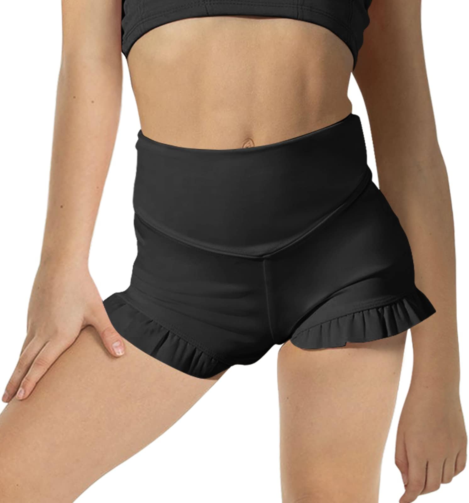 Girls Athletic High Waisted Ruffle Shorts - Comfy Yoga Dance Workout Gymnastics
