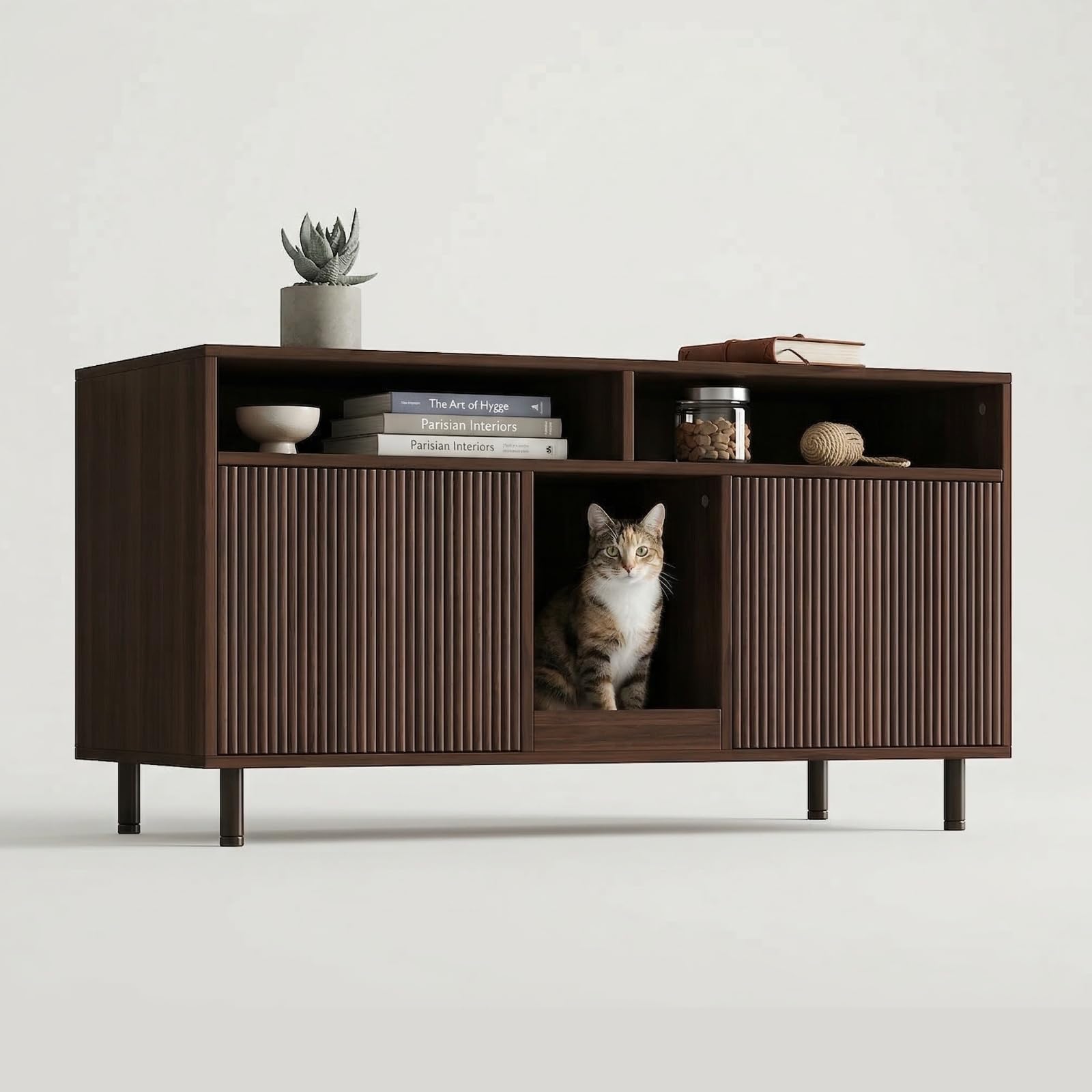 Katzenklo Schrank für 2 Katzen mit Sandauffangmatte, XXL Sideboard für Katzentoilette Versteckt, Multifunktionales Katzenhaus Möbel, Einfache Montage, Walnuss