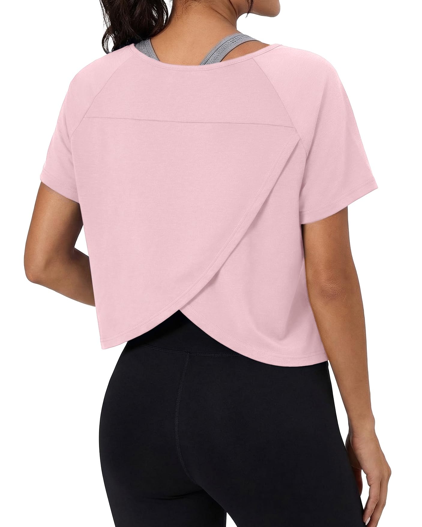GRECERELLE Workout Tops for Women Short Sleeve Athletic Shirts Running Yoga Crop Gym Pilates Top Crossover Back Y2k — view 10