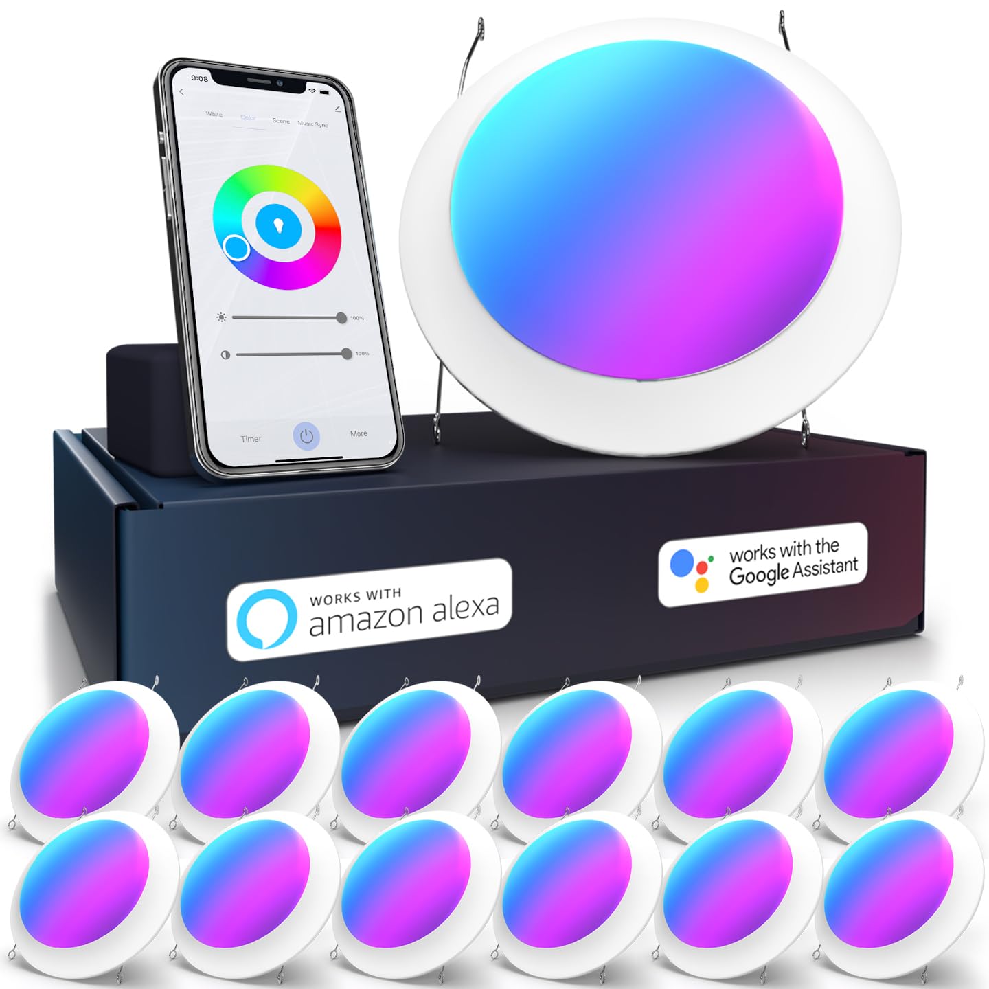 Sunco 12 Pack 5/6 Inch Smart Disk LED Flush Mount Ceiling Recessed Can Light for Living Room, Bedroom, App Controlled Compatible with Alexa and Google