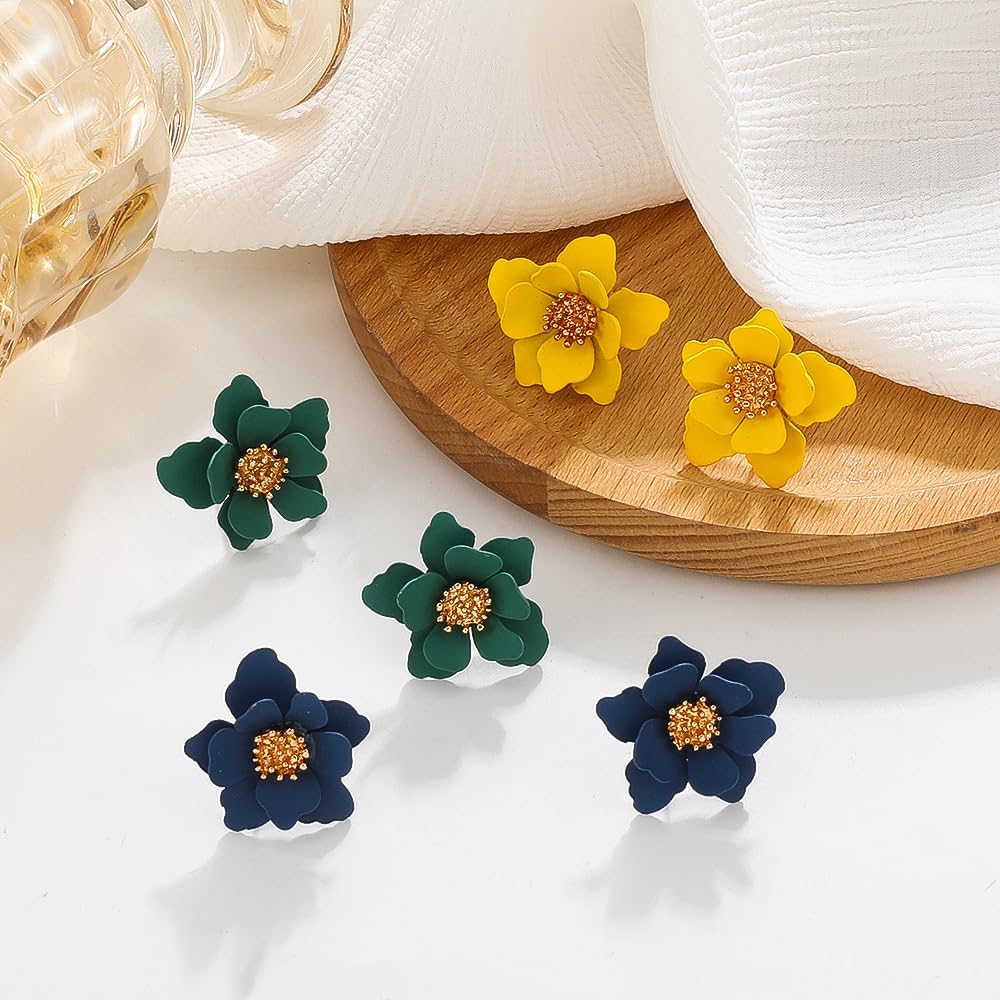 Boho Matte Flower Statement Stud Earrings for Women Chic Cute Unique Flower Jewelry Gift with Gold Flower Bud for Mom Lover and Friends - Image 6