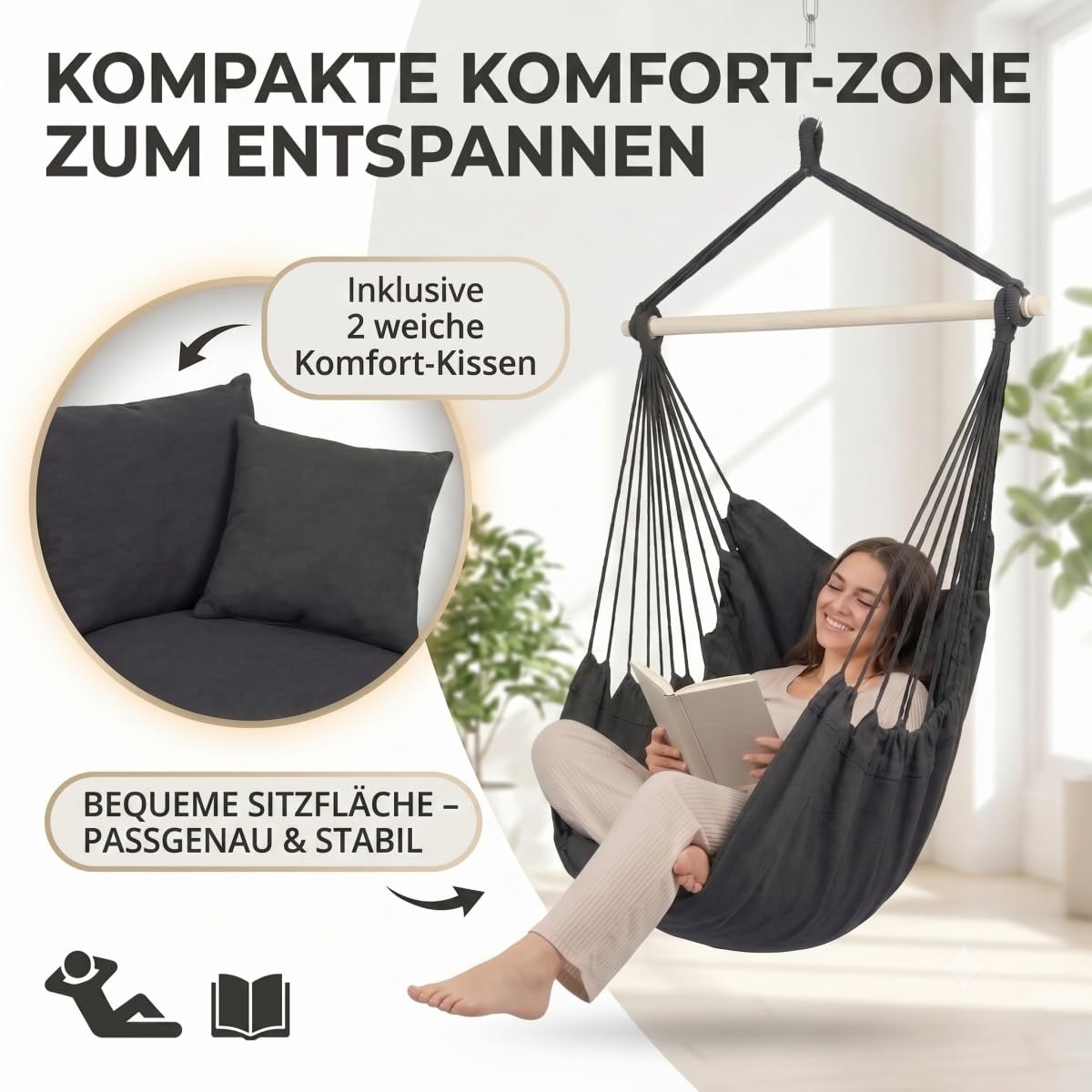 Fauteuil suspendu d'extérieur complet avec 2 coussins et accessoires de montage, fauteuil suspendu extérieur pour balcon, jardin et intérieur, confortable pour lire et se détendre GROWZELT