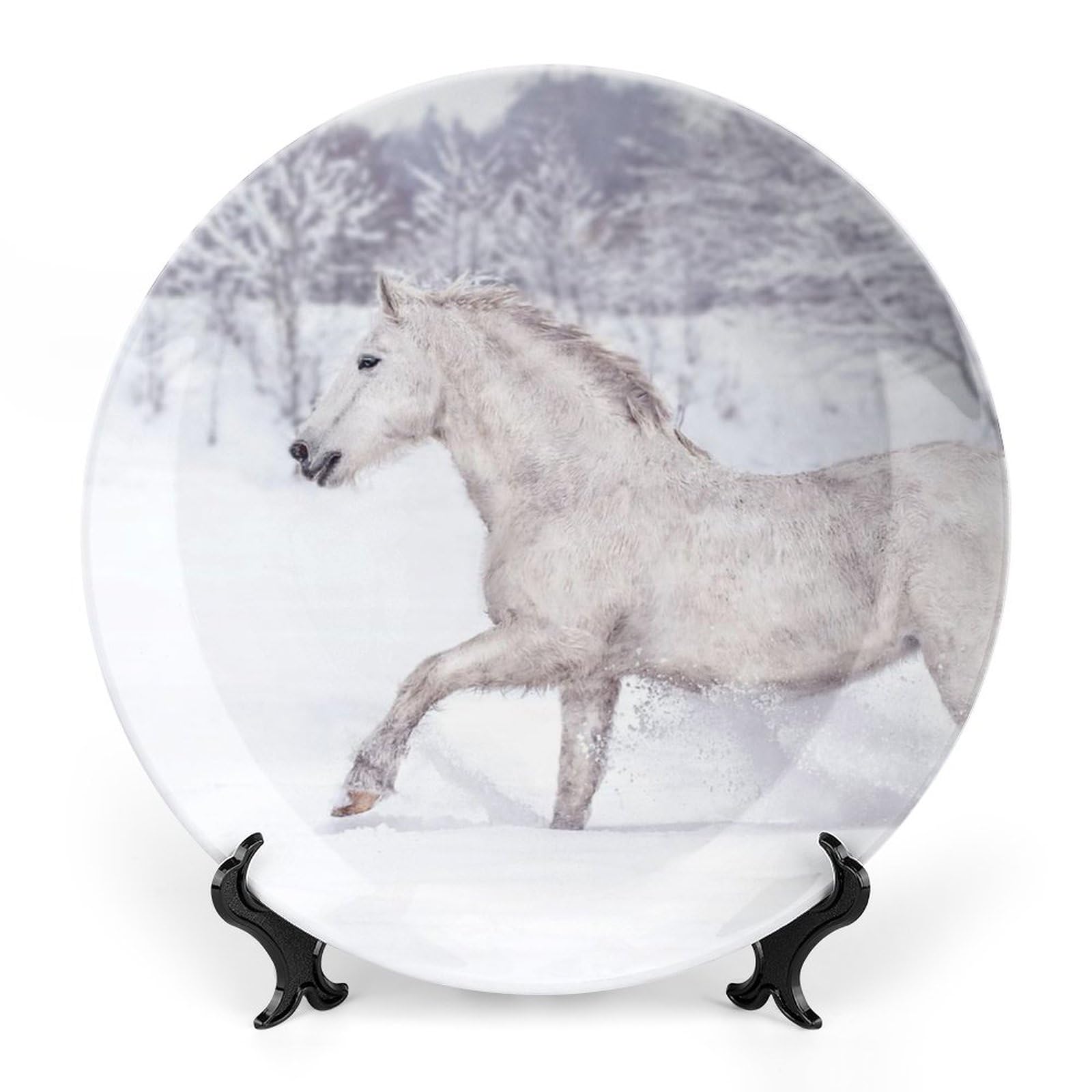 Decorative Ceramic Plate for Home Decor, Horse Winter Snow Running Animal Plates with Display Stand, Porcelain Dessert Dish, Modern Dinning Table Kitchen Coffee Table Decor Tray Ornament 7"