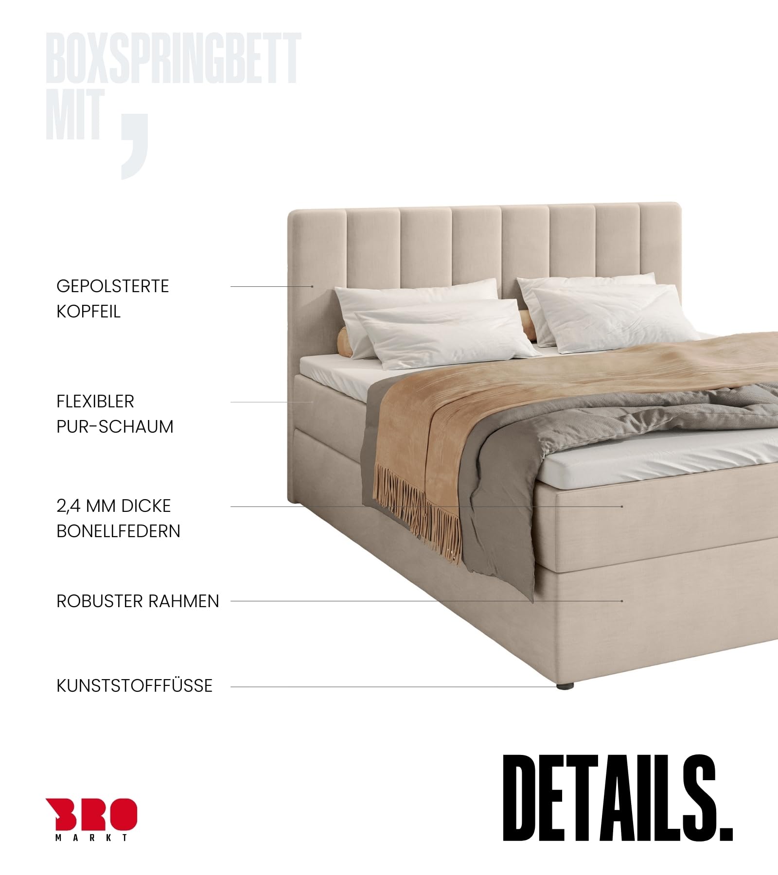 BROMARKT Boxspringbett mit Matratze 160x200cm Bett mit Topper Beige | Polsterbett mit Bettkasten Doppelbett für Schlafzimmer gepolsterte Kopfstütze Bed Bonell Härtegrad H3 DENVER