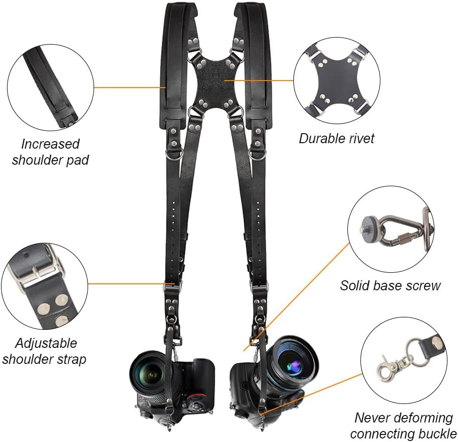 Kasla Camera Strap, Camera Straps for Photographers, Leather Dual Camera Strap for Two DSLR/SLR Cameras (Black)