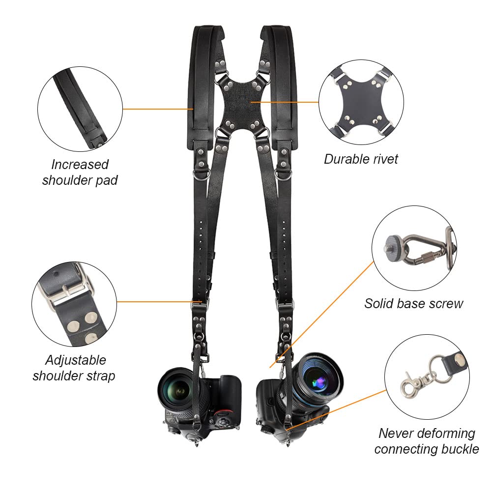 Kameragurt für 2 Kameras,Leder kamera gurt für DSLR-/SLR-Kameras,Verstellbare doppelte Schultergurte Geeignet für Outdoor-Fotografie