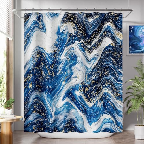 Image of AmazerBath Shower Curtain Blue, Marble Fall Fabric Shower Curtain Sets with 12 Shower Curtain Hooks, Luxury Quality Home Hotel Washable Farmhouse Cloth Shower Curtains for Bathroom Decor, 72x72 Inches