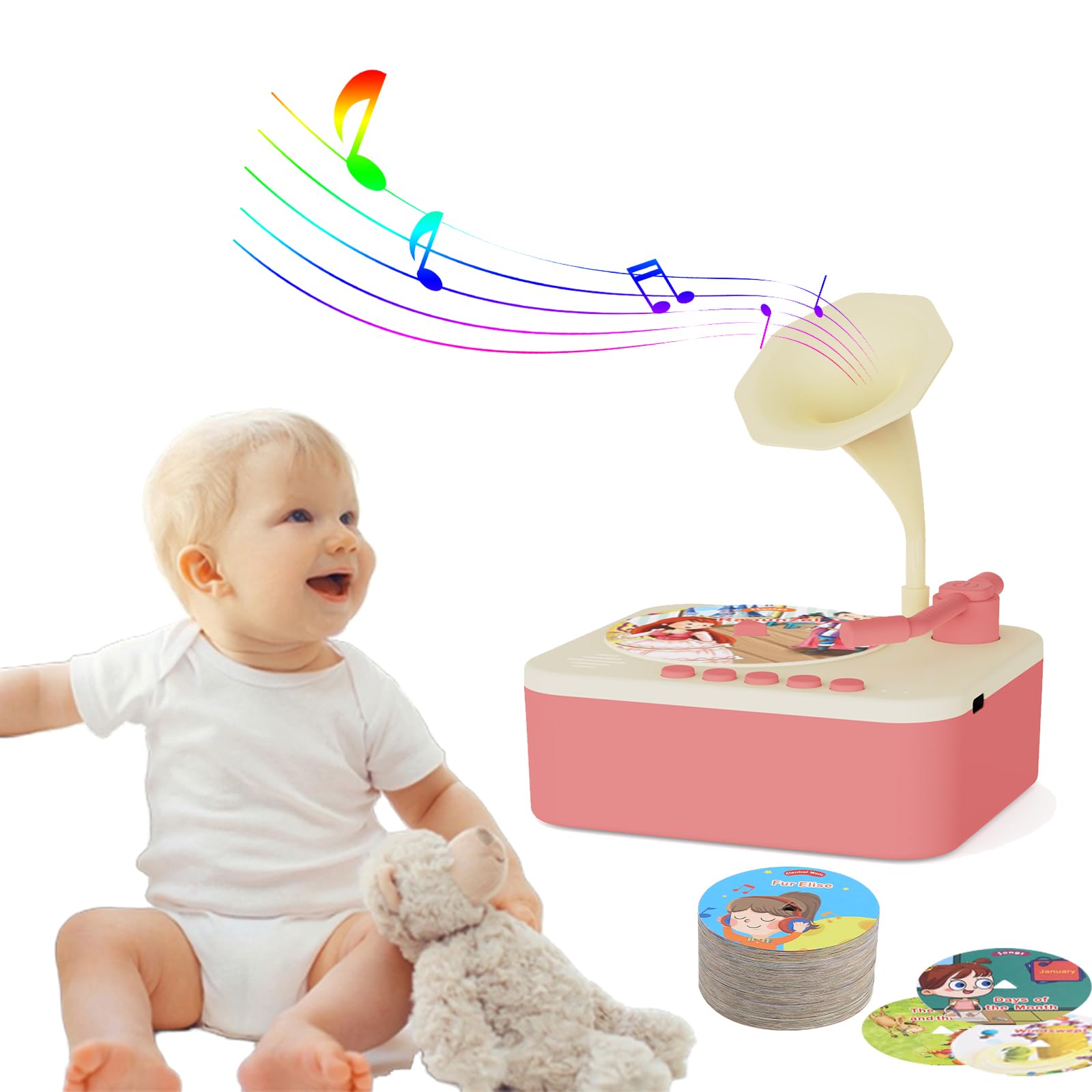 Retysaz Kids Phonograph with 99 Cards, Story Music Player Kids 3-6 Musical Sensory Toy boy Girl,Toddler Audio Pre-Kindergarten Toy Early Childhood Education Gift Birthday (Pink)…
