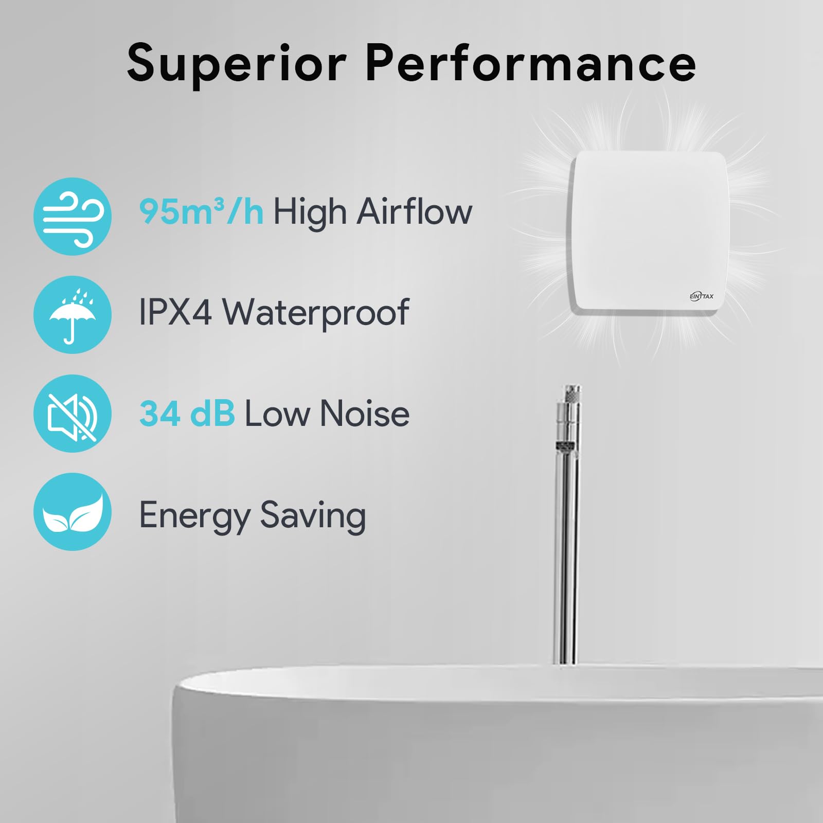 EINTTAX 100mm Quiet Bathroom Extractor Fan, White Square Bathroom Fan 95m³/h - Image 3
