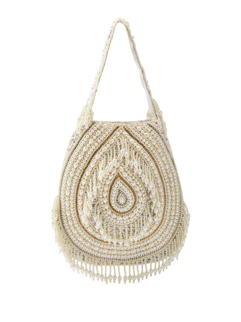 Women's Hand Embroidered Clutch Potli Bag, Off White and Gold, Beaded Shoulder Bag with Fringe Detail-image-4