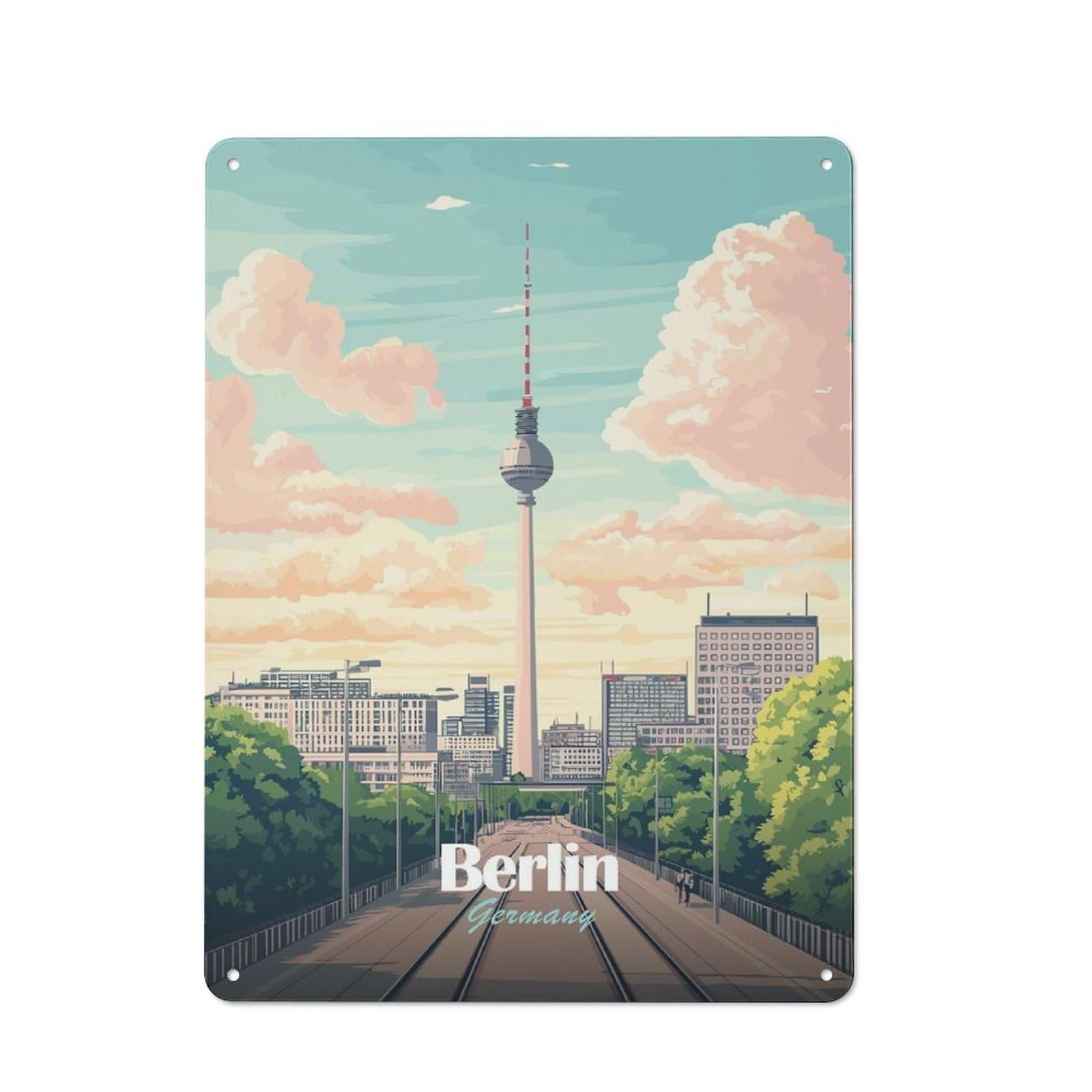 Junmoney Style-12 Berlin, Germany Cityscape Illustration(2) Printed Metal Sign 40X30cm For Café Or Restaurant, For Restaurant Decor Fans, For Retro Home Interiors