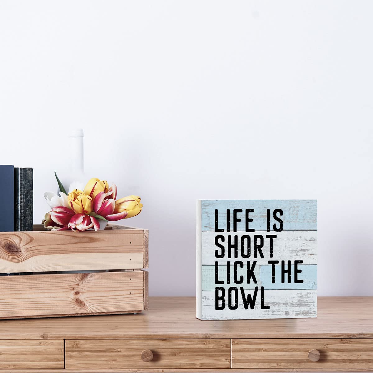 "Life Is Short Lick The Bowl" Wood Sign With Iron Stand | 4x4 Inch Kitchen Desk Decor, Funny Housewarming Gift