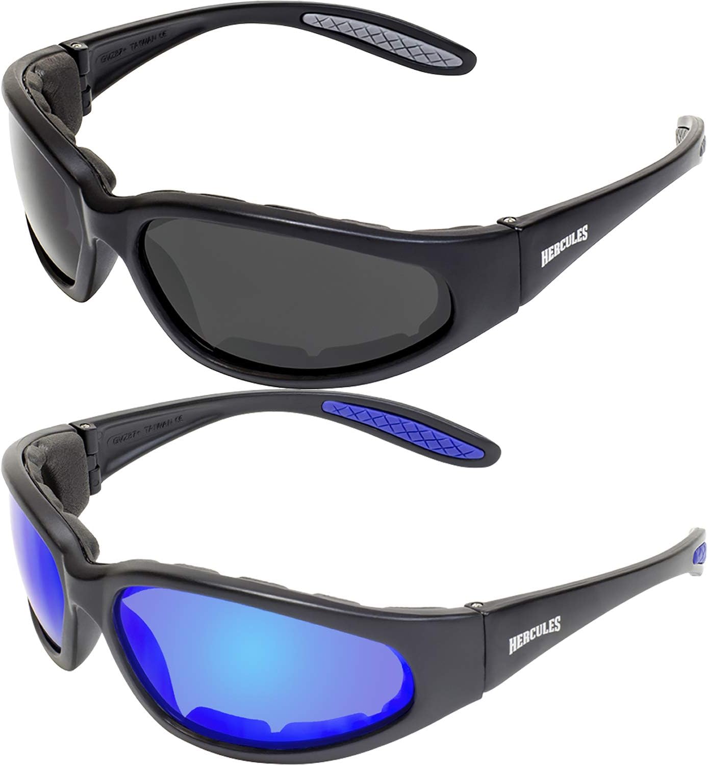 Global Vision Hercules Plus Safety Sunglasses 2 Pair Black Frames G Tech Blue Mirror Lens + Smoke Lens