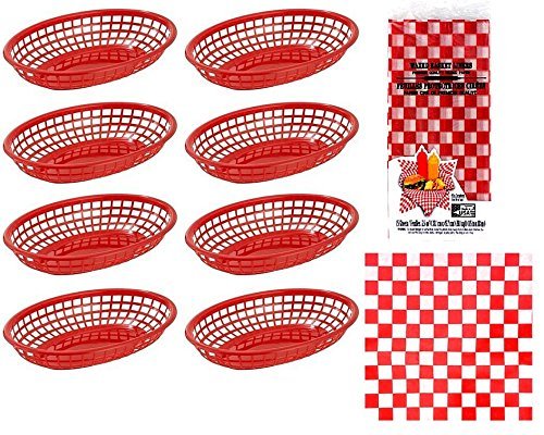 Hot Dog, Burger, Sandwich Serving Set for 8 Guests - 8 Red Fast Food Baskets and 15 Red Checkered Restaurant Deli Basket Liners bundle