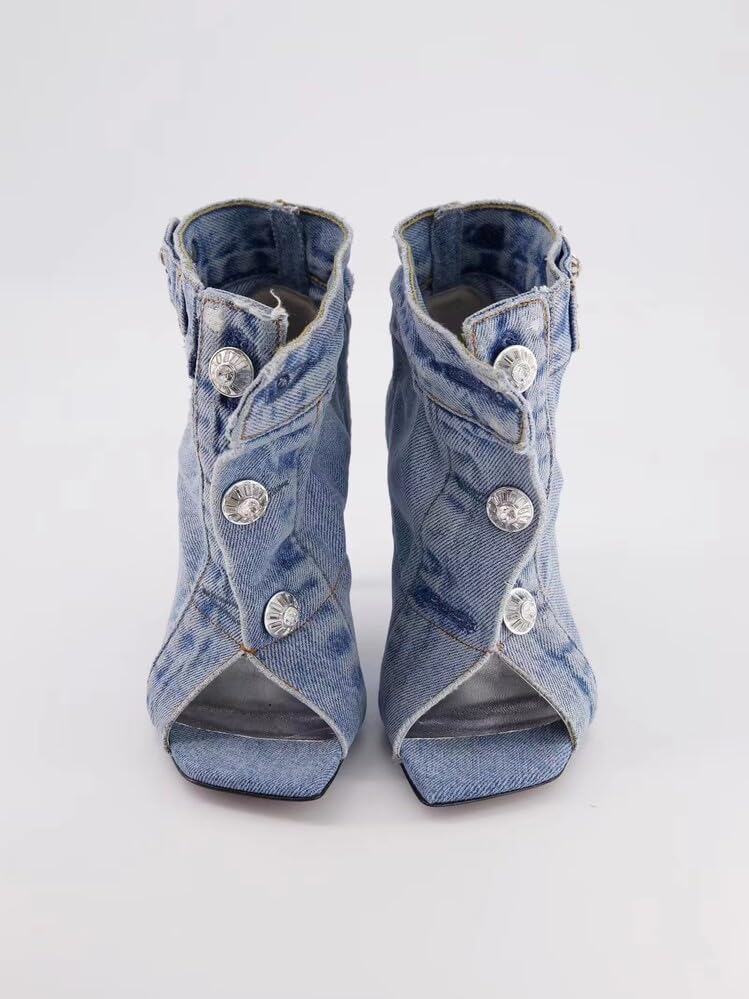 Women's Peep Toe Stiletto High Heel Ankle Denim Boots Studded Buttons Denim Boots Metal Button Sandals Shoes for Women3
