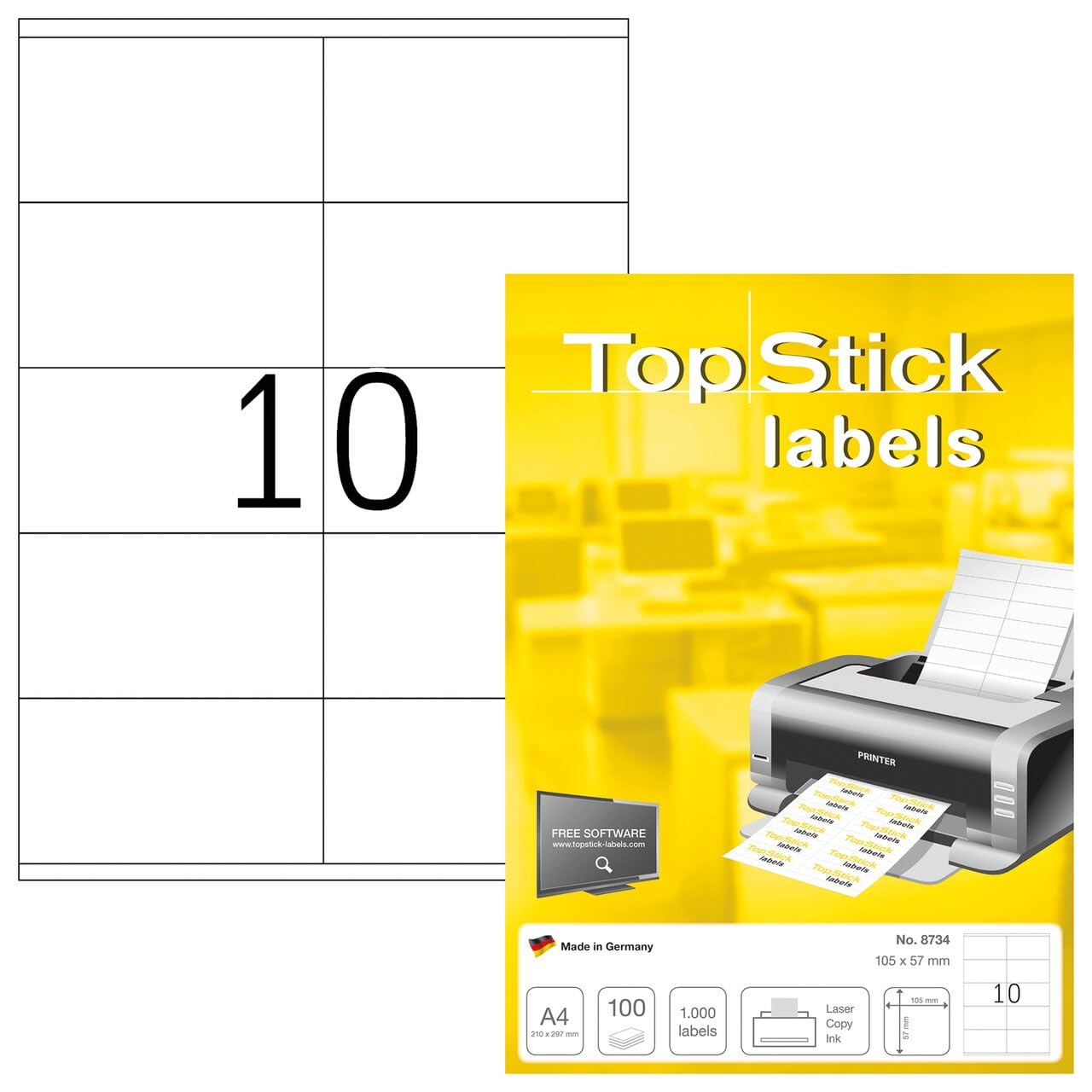 topstick 8734 Etiquetas universales A4 grande, paquete de 10 (105 x 57 mm, 1000 hojas, papel, mate) autoadhesivas, imprimible, pegatinas de dirección permanentes, 10000 adhesivos blancas