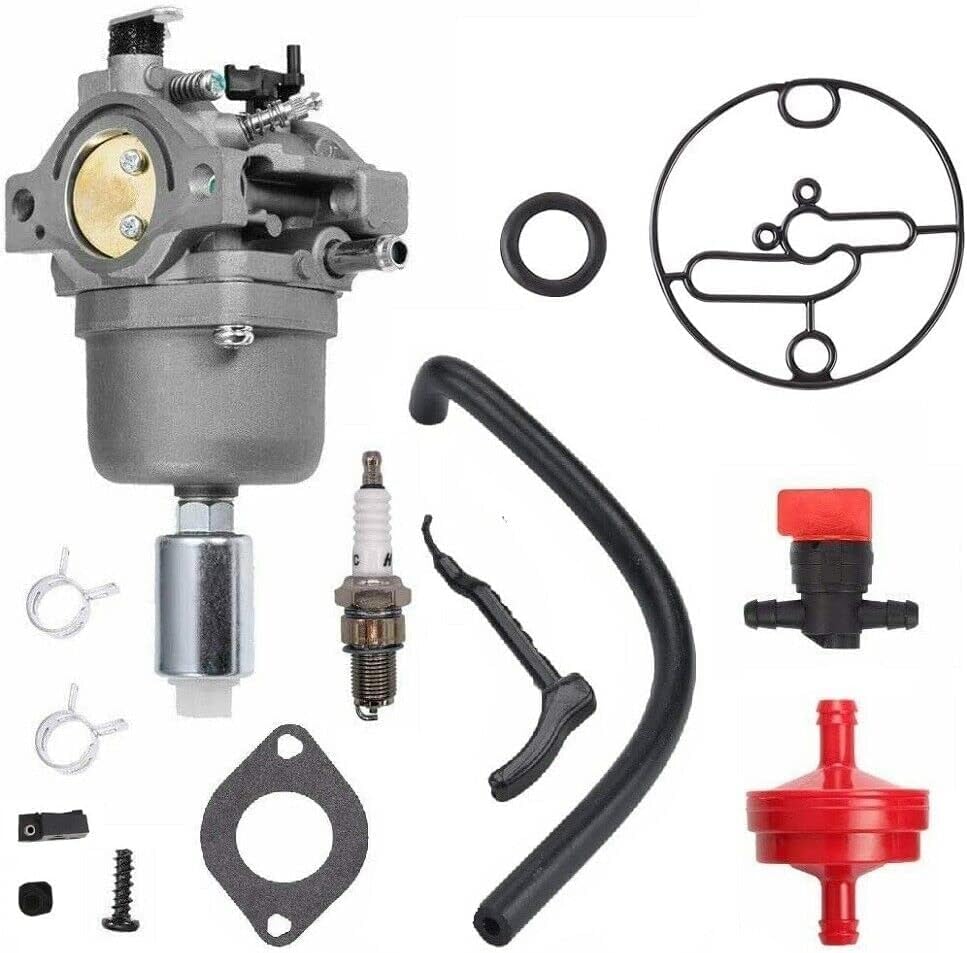 Complete carburetor replacement kit including carburetor, fuel filter, fuel line, spark plug, gaskets, and clamps.