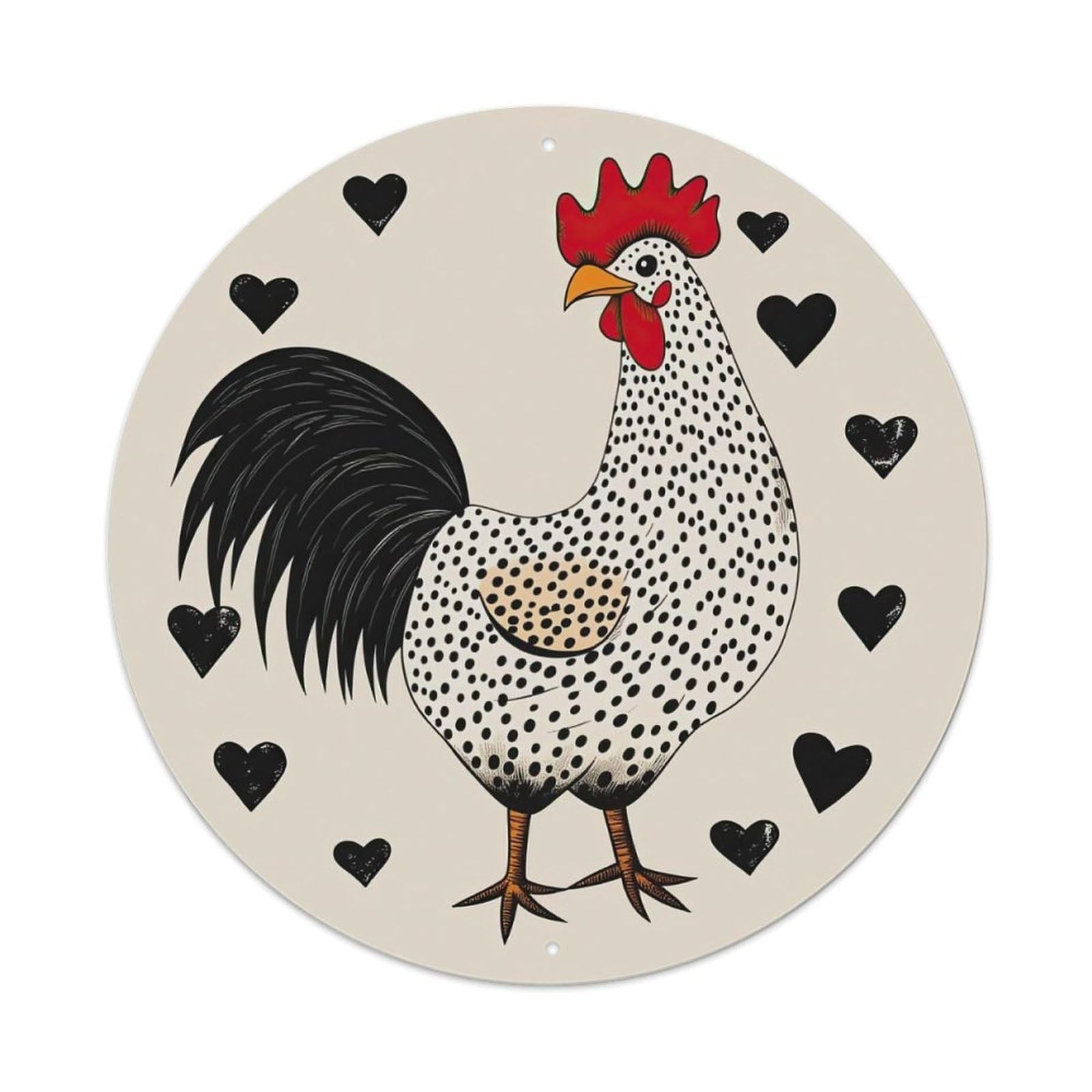 Rooster Hearts Polka Dots Black White Metal Tin Sign