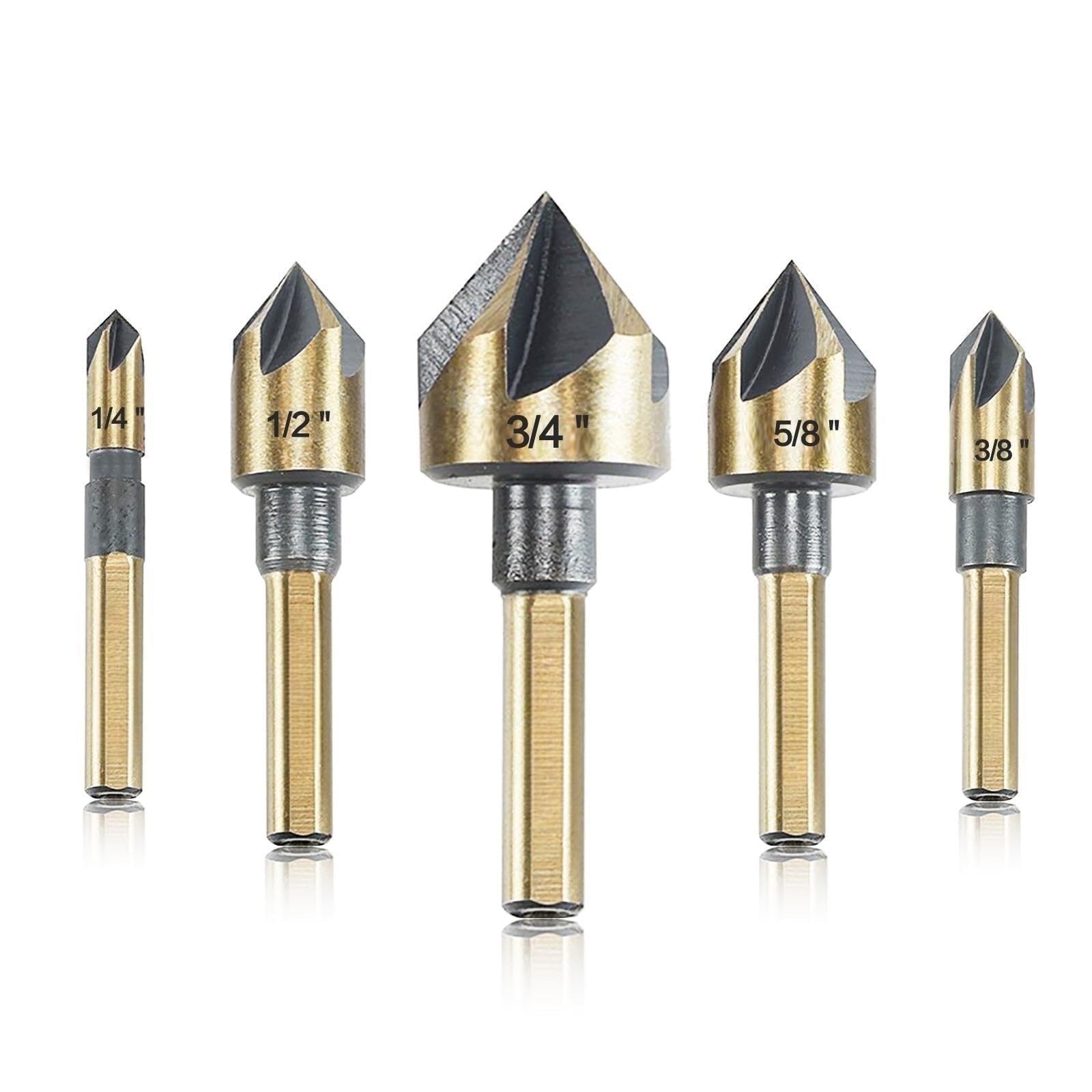 THE WHITE SHOP Countersink Drill Bit Set, 5 Pieces High Speed Steel 82 Degree 5 Flute 6mm Round Shank Mill Cutter Bit Countersink in Sizes 1/4 3/8 1/2 5/8 3/4 Set with Carrying Case