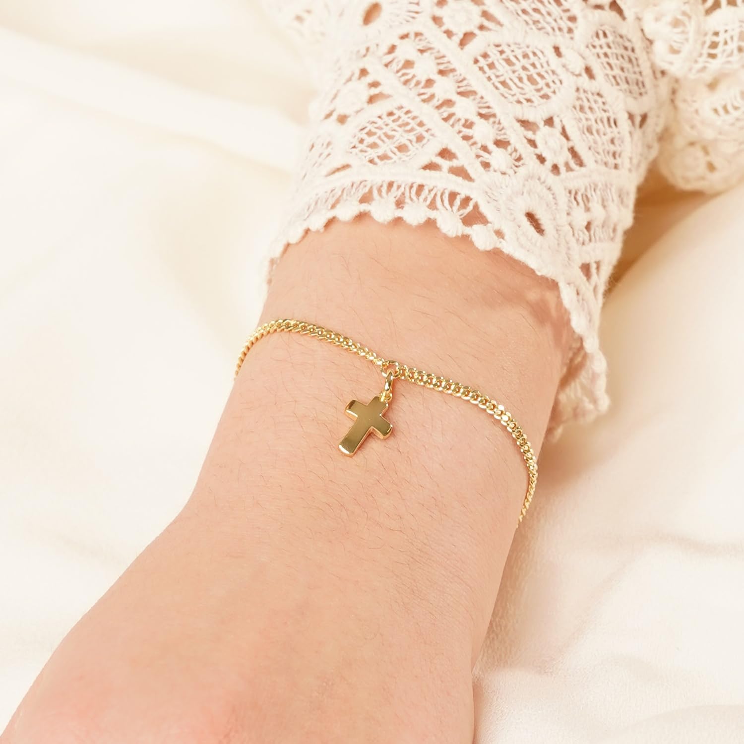 trendor Bracciale da ragazza con croce, argento 925, placcato oro, maglia a catena 21581