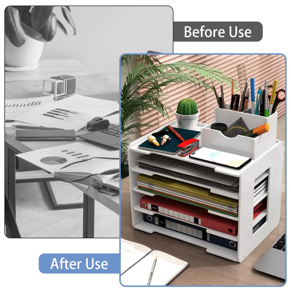 Schreibtisch Organizer Ablagefächer 5-Tier Briefablage Stapelbar Papierablage A4 Dokumentenablage Schreibtischablage Weiß Büro Aktenablage mit Stifthalter Unterlagen Organizer für Büro