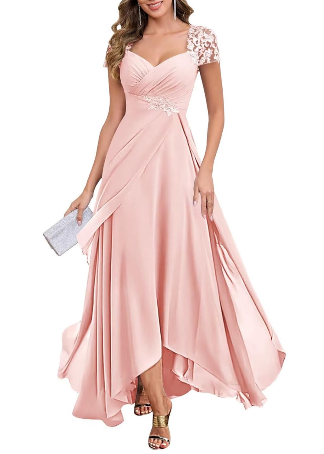 KIYNE Tea Length Mother of the Bride Dresses for Wedding Party with Sleeves Blush Pink Chiffon Formal Mother of Groom Dress UK16