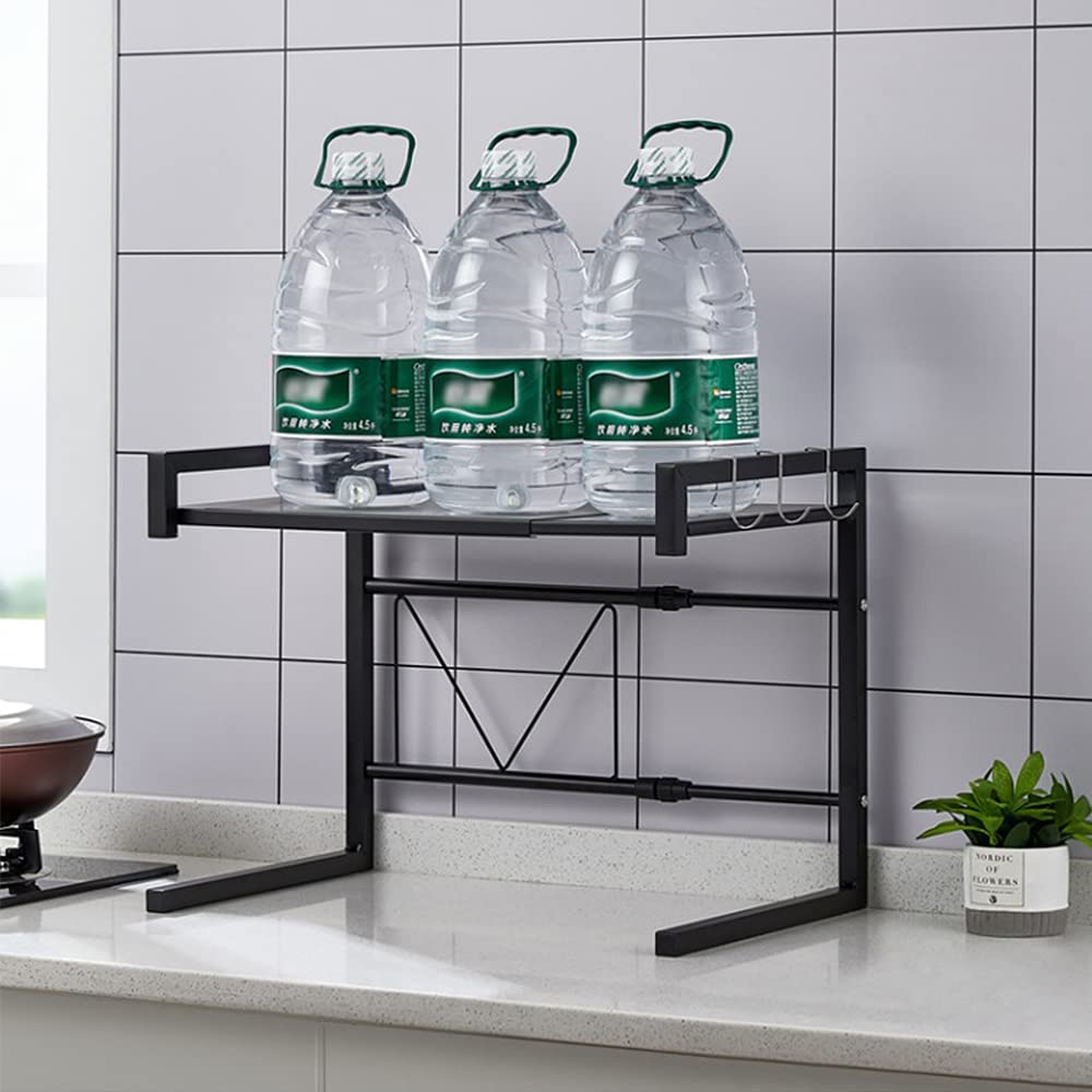 Ausziehbarer Ständer für Mikrowelle mit schwerer Belastung, Halterung für Mikrowelle mit 2 Ebenen, Küchenregalhalterung mit 3 Haken, ausziehbare Länge: 40 – 65 cm (schwarz, 2 Stück)