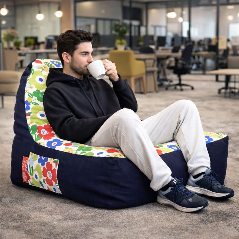 Image of Style Homez Urban Design Denim Canvas Floral Printed Chair Bean Bag XXL Size Filled with Beans Fillers
