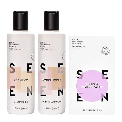SEEN Paquete seguro para el acné, perfumado, champú, acondicionador y parches de espinillas, no comedogénico, sin sulfatos, desarrollado por