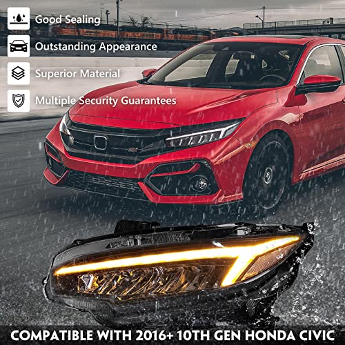 Huray Led Headlights For 10Th Gen 2016-2022 Honda Civic, Headlamp Assemblies With Sequential Turn Signal For Civic Sedan/Coupe/Hatchback, Head Lamps For Ex/Lx/Sport/Touring/Si/Type R - 1 Pair #TOP6