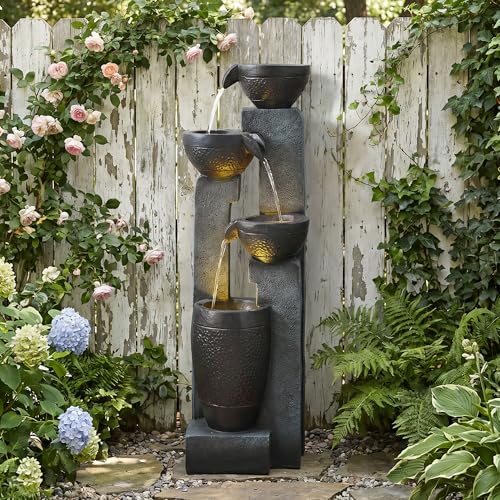 Handunmi Outdoor Garden Water Fountain-Indoor Polyresin Waterfall Floor-Standing Fountains with LED Lights for Garden, Patio, Deck, Porch, Yard Art Decor (40inch)