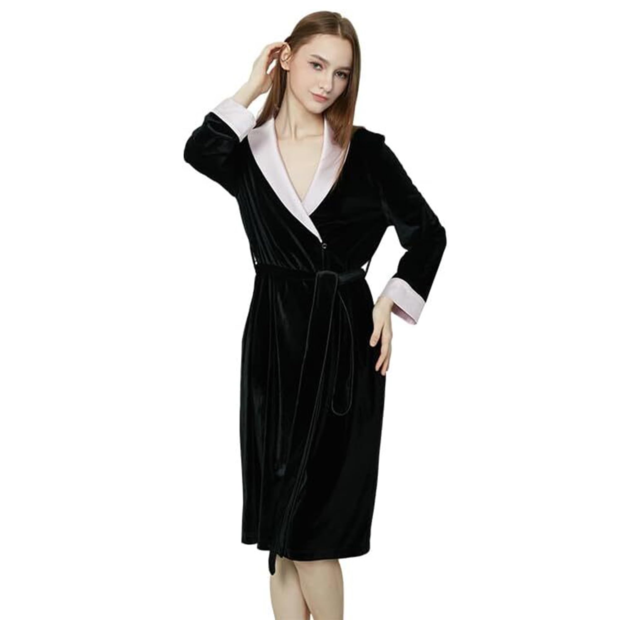 Womens Black Velvet Bathrobe - Velvet Spa Robe with Shawl Collar Belt - Waffle Knit Soft Robe Satin