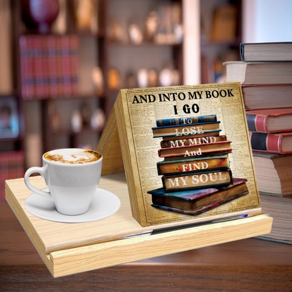 Retro Books Painting Wooden Triangle Book Holder,Bookmark with Coffee Cup Holder,Book Stand for Page Rest,Night Stand Book Reading Rest with Slotted Reading Presents for Book Clubs