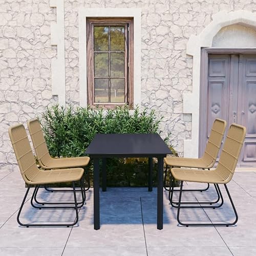 Miniatura 14 de Juego de comedor de patio de 7 piezas con sillas de ratán de polietileno y muebles de exterior de mesa de vidrio, color negro para jardín, balcón,