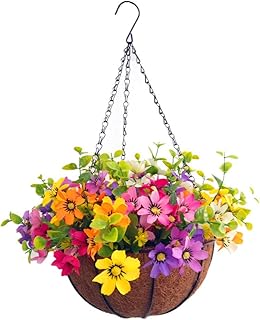 Home Wedding Porch Decoration Metal Chain Hanging Basket Flower Silk Artificial Daisy Indoors (9.85 inch)