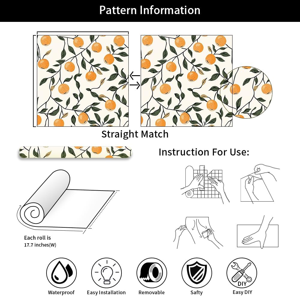 18"x236" Boho Beige Orange Citrus Fruit Peel and Stick Self Adhesive Wallpaper Removable Contact Paper Stick on Easy Peel Off Wall Paper for Kitchen Bedroom Bathroom