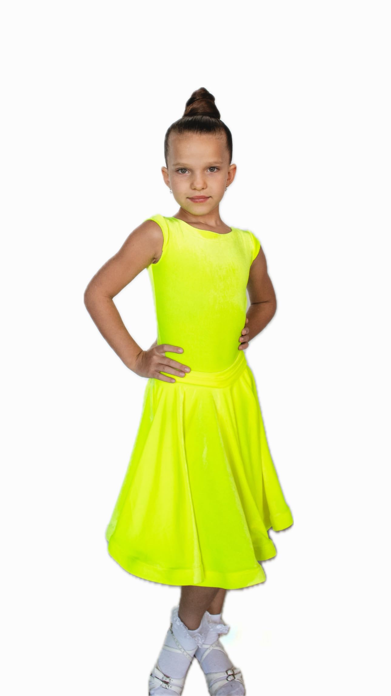VERADANCE Elegant Latin Ballroom Dance Short Sleeve Velvet A-Line Dress – Premium Quality for Competitions and Performances (US, Age, 4 Years, 5 Years, Lime)