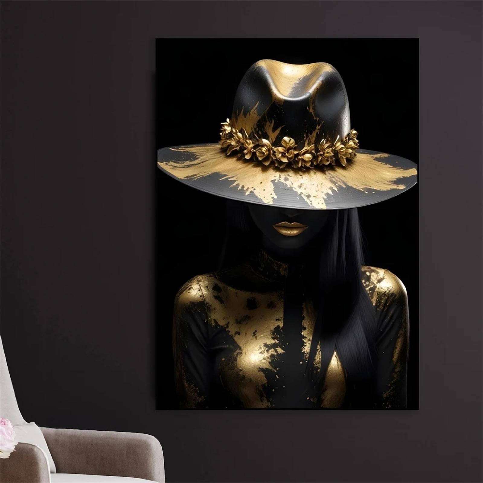 Zhuoya Frameless Gold Woman Art Poster Elegant Gold And Black Woman Portrait Prints Luxury Face Art Canvas Painting Large Living Room Decor 80X120cm