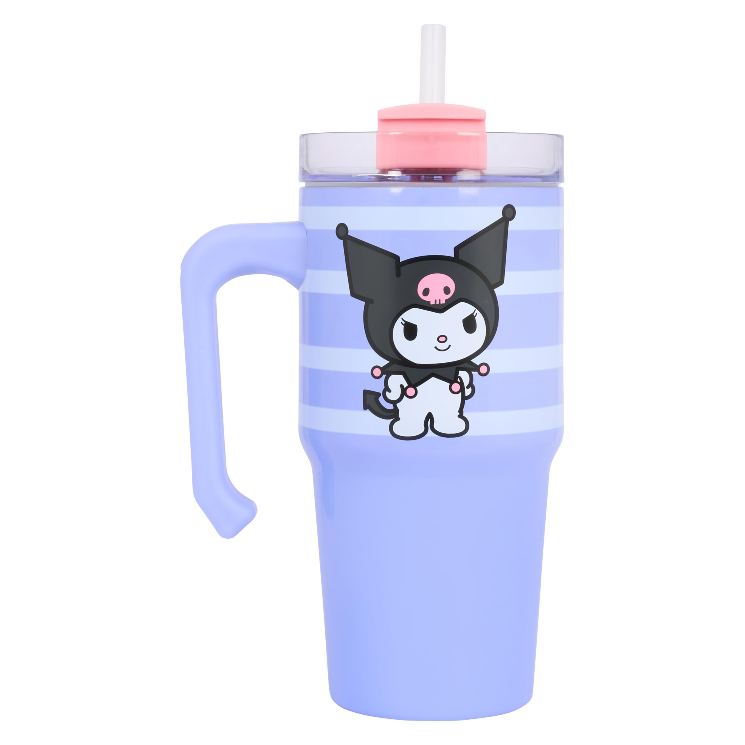 Sanrio Kuromi Stainless Steel Tumbler with Straw, Purple Striped Design, 600ml Insulated Hydra Cup with Handle and Slider Lid for Cold Drinks