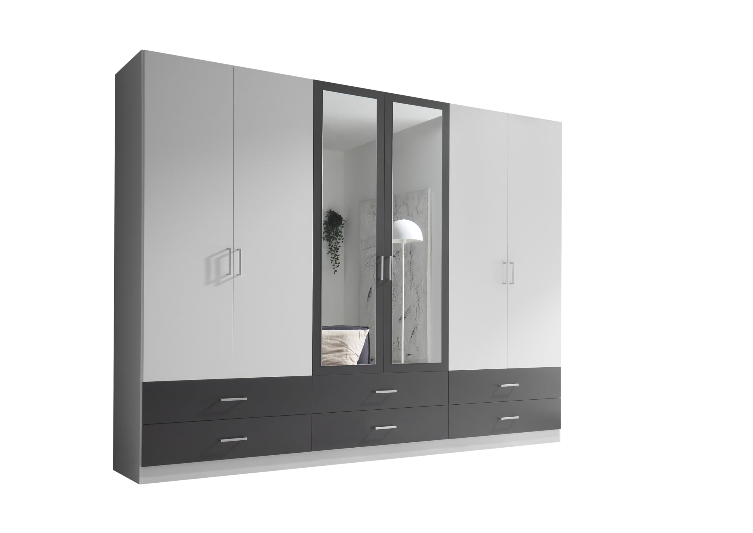 AVANTI TRENDSTORE Lambrugo - Armadio a 6 ante battenti, di cui 2 con specchio e 6 cassetti, in legno laminato di colore bianco/grafite. Misure ca. LAP 272x211x55 cm.