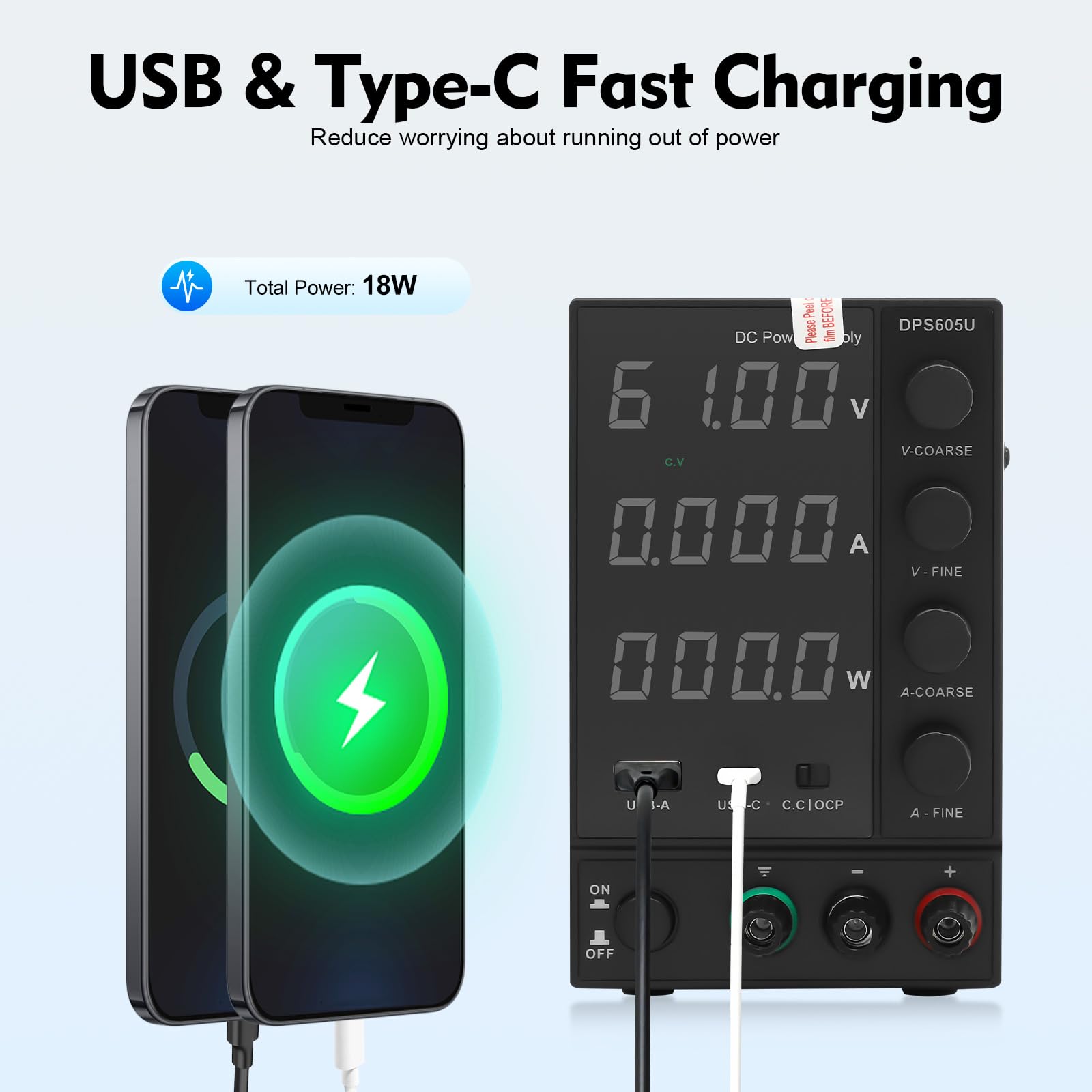 Zasilacz laboratoryjny, zmienny zasilacz DC, zasilacz DC z szybkim ładowaniem USB-A/typ C, 4-cyfrowy zasilacz laboratoryjny, dla elektryków, inżynierów, laboratoriów, warsztatów i
