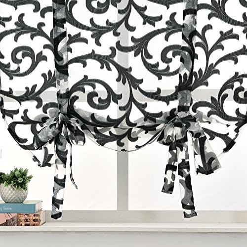 Napearl Tie Up Curtains, Jacquard Balloon Curtains For Kitchen Window, Ajustable Rod Pocket Sheer Curtain Valance For Bathroom Small Window, 1 Panel ( 55W X 63L, Black ) #TOP5