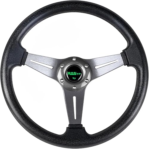 Vista 8 de Rastp Volante de carreras universal de 13.8 pulgadas, 6 pernos, agarre de material de espuma de poliuretano y aluminio con botón de claxon para Rojo